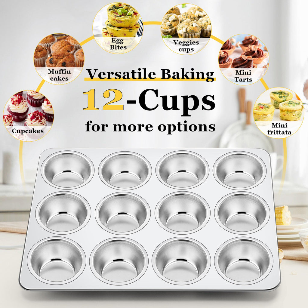 Homikit 2 Pack Muffin Pan, Stainless Steel Cupcake Tin with 12 Cups Regular Size, 13.8" x 10.4" Nonstick Metal Egg Bites Tray for Oven Baking, Non Toxic & Rust Free, Easy Release & Dishwasher Safe