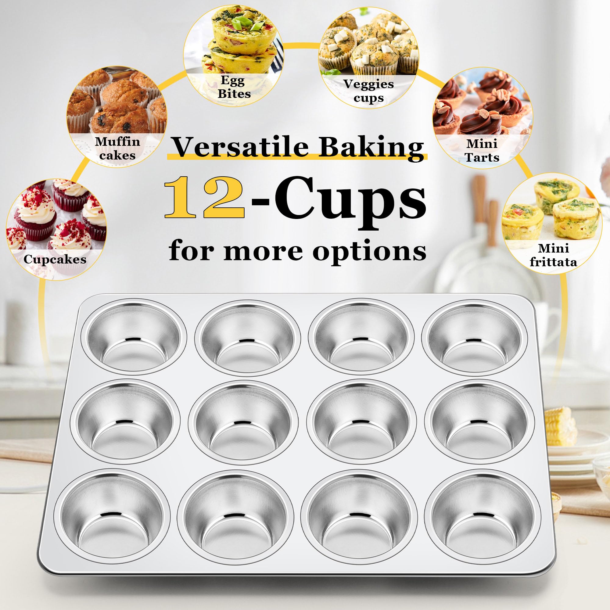 Homikit 2 Pack Muffin Pan, Stainless Steel Cupcake Tin with 12 Cups Regular Size, 13.8" x 10.4" Nonstick Metal Egg Bites Tray for Oven Baking, Non Toxic & Rust Free, Easy Release & Dishwasher Safe