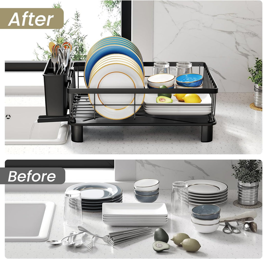 SNTD Dish Drying Rack - Space-Saving Stainless Steel Kitchen Dish Drainer with Utensil Holder | 11" W x 15" L (Black)