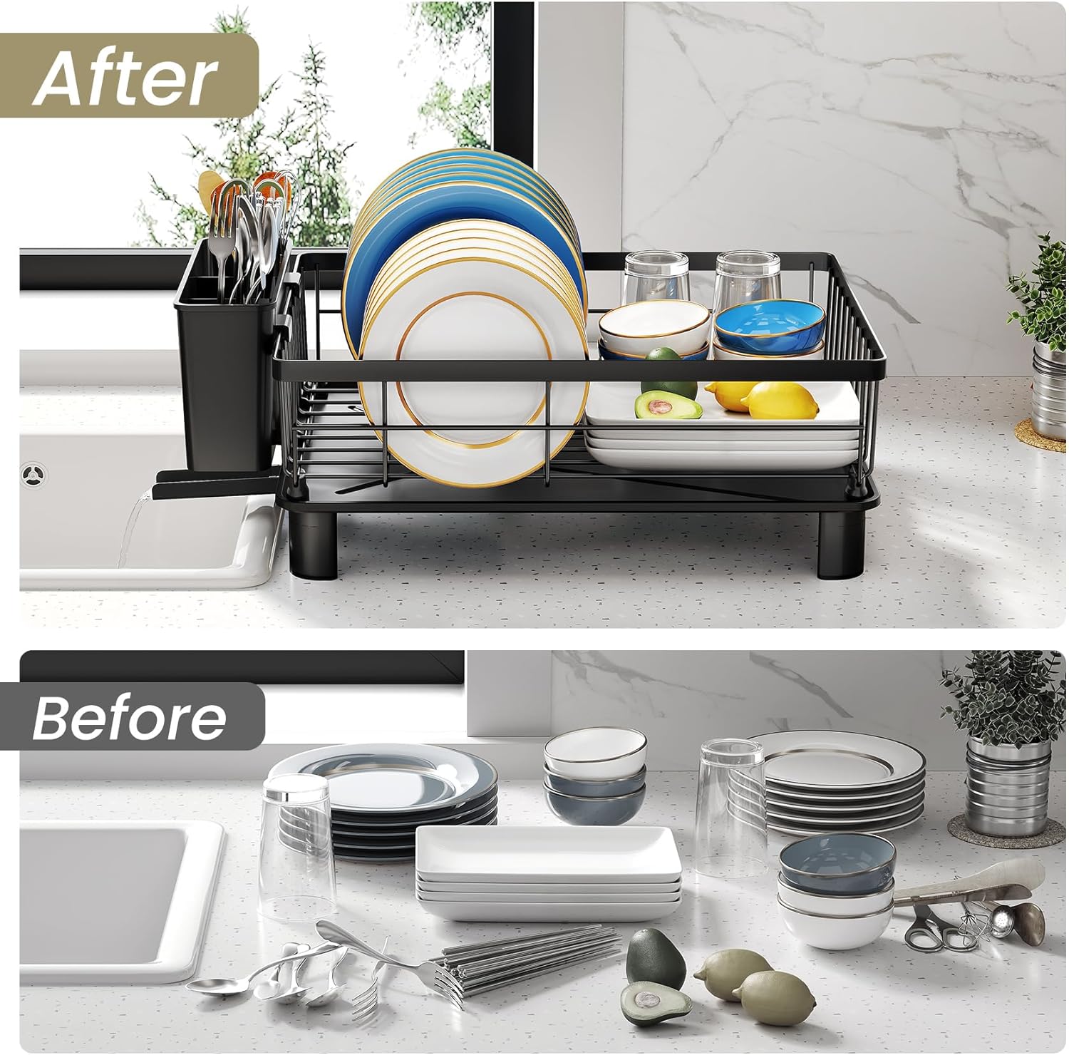 SNTD Dish Drying Rack - Space-Saving Stainless Steel Kitchen Dish Drainer with Utensil Holder | 11" W x 15" L (Black)