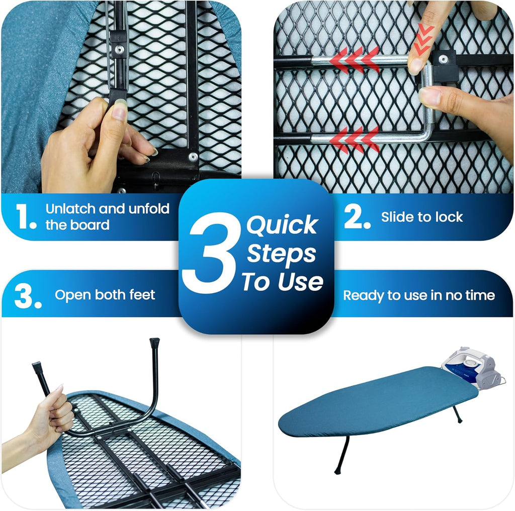 Regine Switzerland Metal Mesh Panel Ironing Board - Foldable Heavy-Duty Design with Heat-Resistant Cover & 100% Cotton Pad (Blue)