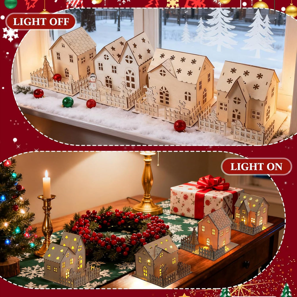 Qunclay Christmas Village Set - 4 Unfinished Wooden Houses for Holiday Crafts & Table Decor