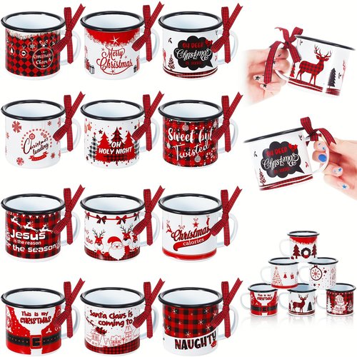 Sliner 12 Pcs Christmas Mini Coffee Mugs Bulk with Ribbon Plaid 8.5 oz Xmas Enamelware Metal Mug with Black Rim for Home Tiered Tray Table Kitchen Decoration Housewarming Gifts(Lovely)