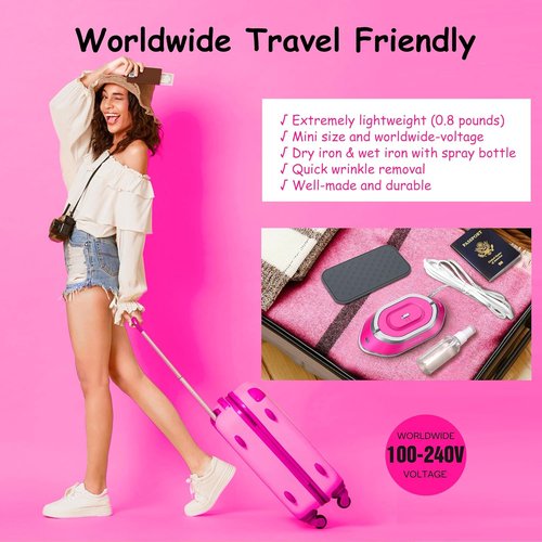 Newbealer Travel Iron - Mini Dry Iron with Global Voltage, 300W, 60s Heat Up, Non-Stick Soleplate | Hot Pink