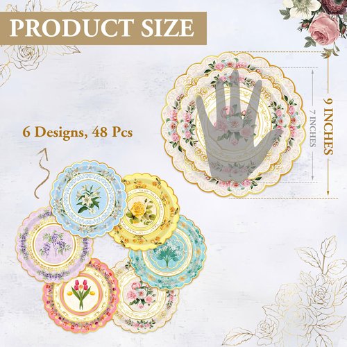 Oevbexos 48-Pack Floral Paper Plates, Tea Party Decorations, 9 Inch Disposable Floral Plates for Tea Party, Baby Shower, Bridal Shower, Birthday, Wedding and Any Celebration