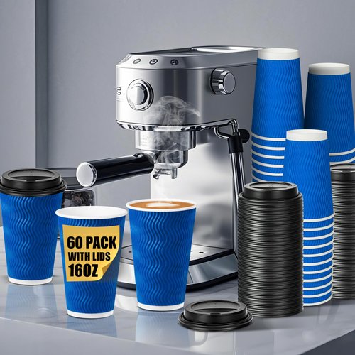 Ginkgo 60 Pack 12 oz Disposable Coffee Cups with Lids, Double Wall Insulated Ripple Paper Cups, Leak Proof To Go Coffee Cups for Hot Beverages