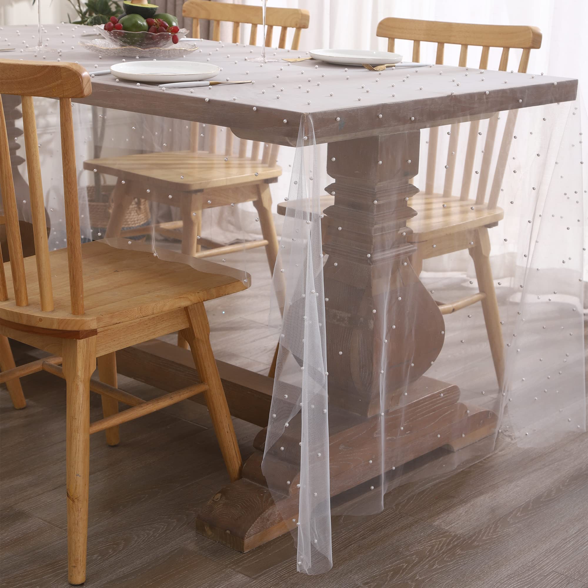 Tosleo Fairy Tablecloth White Pearl Table Cloth Summer Sheer Tulle Fabric Lace Table Cover Bridal Veil Tablecloths Chiffon Table Covers for Christmas Wedding Birthday Party(55 x 102 Inch)