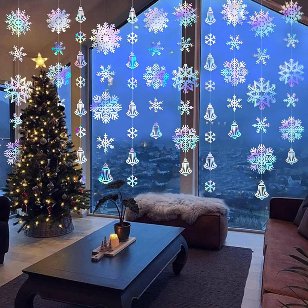 Skiennix 40 Ft Iridescent Snowflakes Party Decorations - Holographic Bell Garland for Winter Wonderland Decor