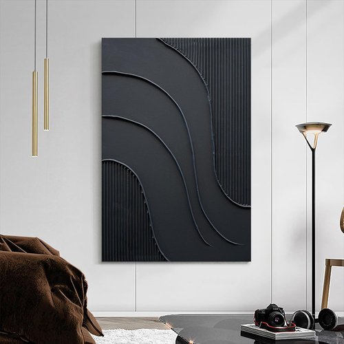 NANKAI Hand-Painted Black Minimalist Oil Painting - Thick Texture 24x36 Inch Abstract Wall Art