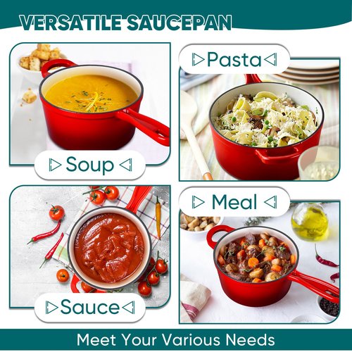 TeamFar 1+2QT Enameled Cast Iron Sauce Pan, Small Sauce Pot with Lid, Mini Dutch Oven Saucepan for Cooking/Simmering/Baking/Boiling, Sturdy & Nonstick, Oven Safe & Fit for Induction - Red