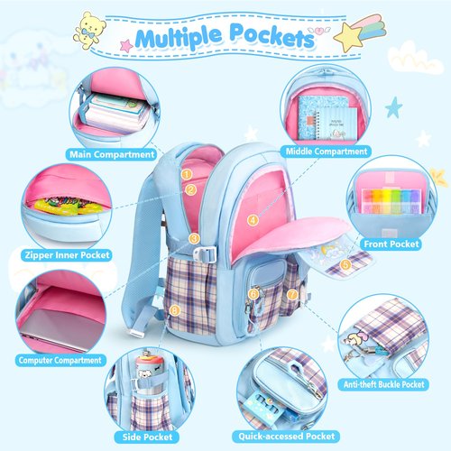 KIEAL 16.5/19IN School Backpack for Girls with 24Pcs Accessories, Anti-Theft Kids Backpack for Students, New Semester Presents with Pins and Card Holder