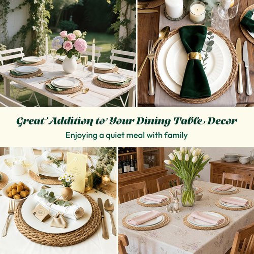 13 in Round Woven Placemats Plate Chargers Set of 12, Boho Farmhouse Rustic Woven Place Mats for Kitchen Dining Party Table Decor, Rattan Wicker Table Mats Jute Braided Chargers for Dinner Plates