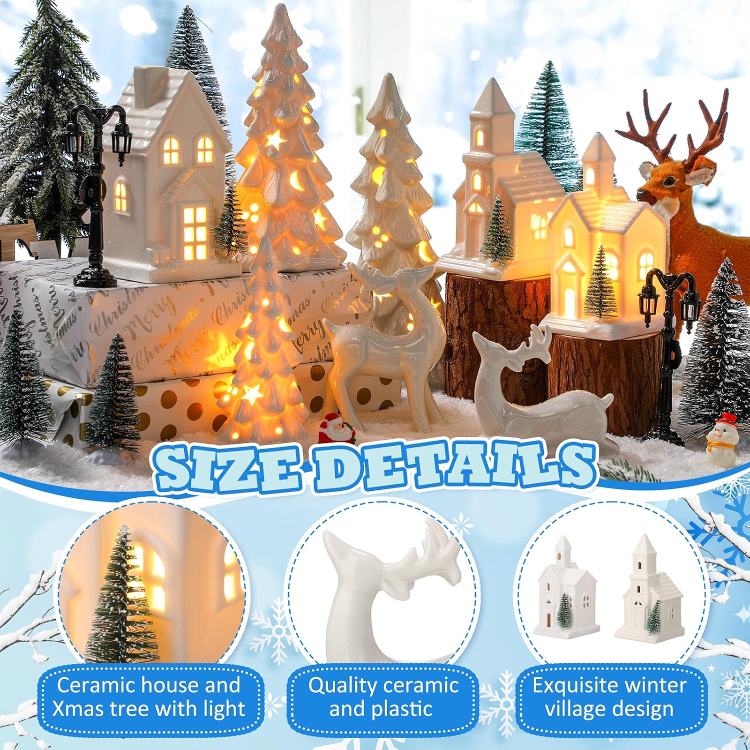 Nuogo 14-Piece Ceramic White LED Christmas Village Houses Set | Includes Tree & Reindeer Figurine