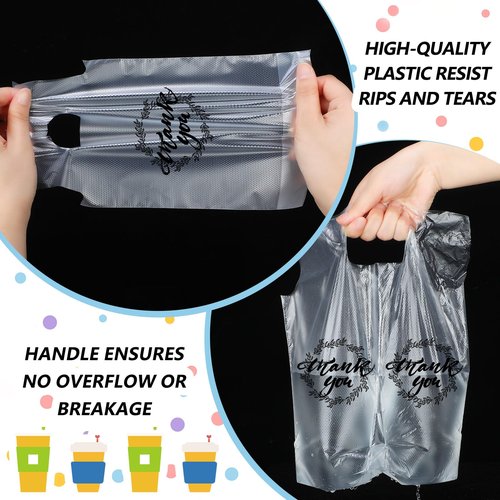 Kisston 1000 Pcs Drink Carrier for Delivery, Plastic Carrier Bags Thank You Clear Handle Drink Poly Bags Bulk for Coffee Tea Beverage Juice(Hold 2 Cups, Hold 1 Cup)