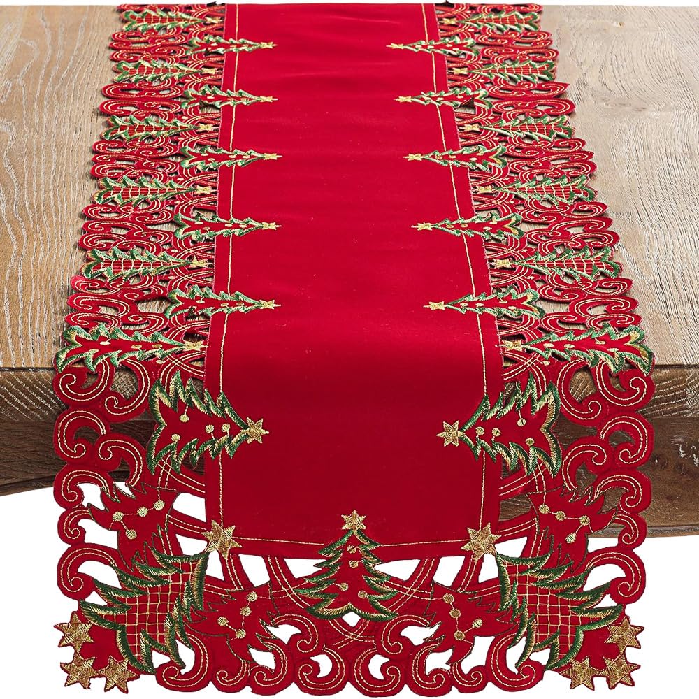 SARO LIFESTYLE Pandoro Collection Holiday Christmas Tree Table Runner, 16" x 68", Red