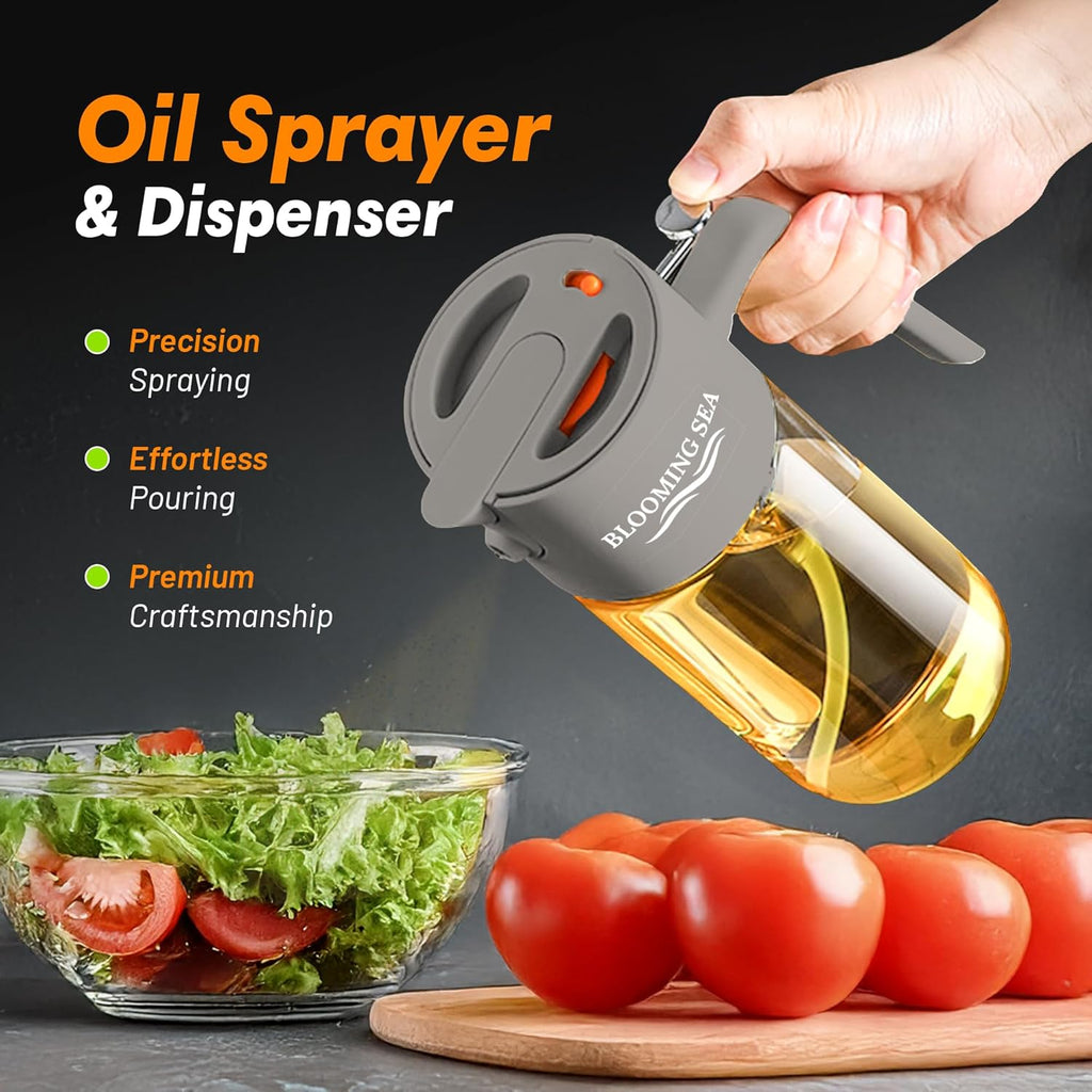 Skiennix 2-in-1 Oil Sprayer & Dispenser - 550ml Glass Olive Oil Bottle, BPA-Free, Leakproof, Gray