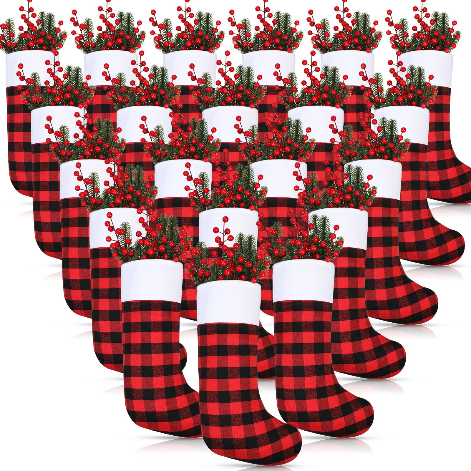 Zhanmai 30 Pieces Christmas Stockings Buffalo Checkered Stockings with Plush Cuff Fireplace Hanging Stockings for Family Xmas Decoration Holiday Season Party (Red and Black, White Cuff,18 Inch)