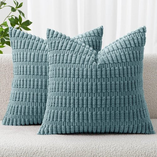 MIULEE Corduroy Decorative Throw Pillow Covers - Soft Boho Striped Design | 18x18 Inch Coastal Blue for Modern Home Decor