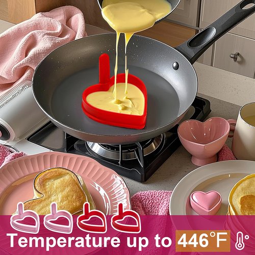 Heart Silicone Pancake Molds, 4 Pack Silicone Pancake Molds for Heart Shape Pancakes, Pancake Maker Mould Egg Rings for Griddle - Pink & Red