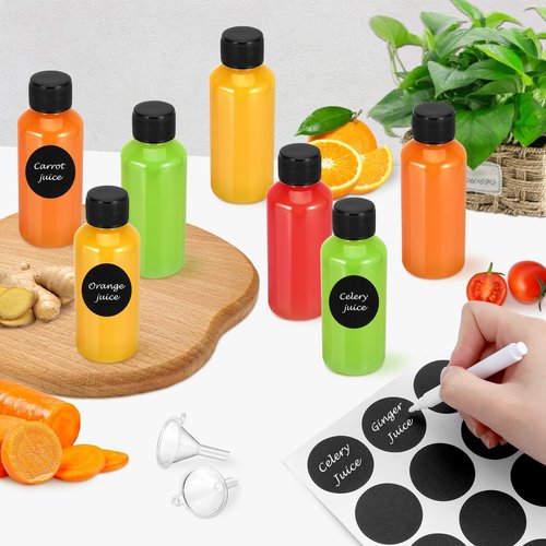 Revahope 24 Pack 2 oz Shot Bottles with Caps, Mini Reusable Plastic Ginger Shots Bottle Leakproof Juice Shot Bottles with Lids for Juice, Oil and Liquid Samples, Small Containers for DIY, Travel