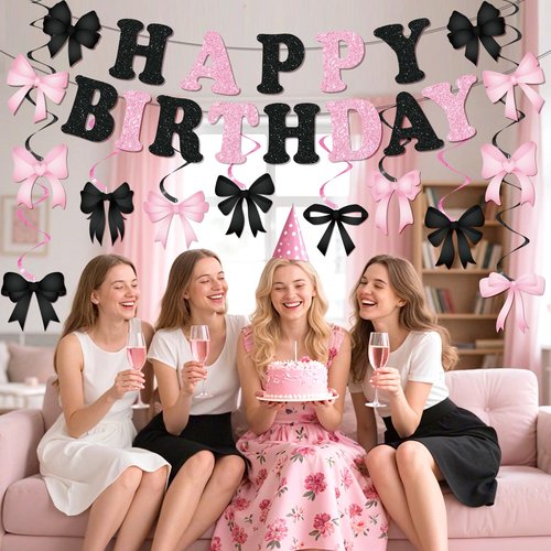 Pink and Black Bow Birthday Banner Decorations Glitter Black Pink Happy Birthday Banner Galand and 10Pcs Bow Hanging Swirls Coquette Party Decorations for Girls Women Bday Baby Shower Party Supplies