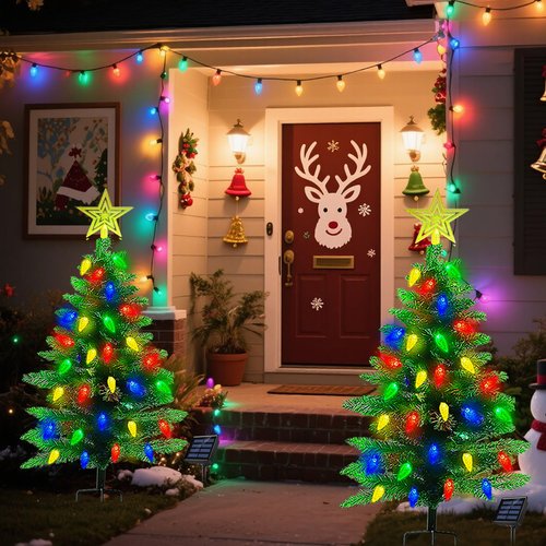 2-Pack 3.6FT Solar Christmas Tree Outdoor Christmas Decorations, 8 Modes Solar Xmas Tree Lights with 100 LED, Waterproof Solar Christmas Lights for Yard Front Porch Pathway Grave Cemetery Decor