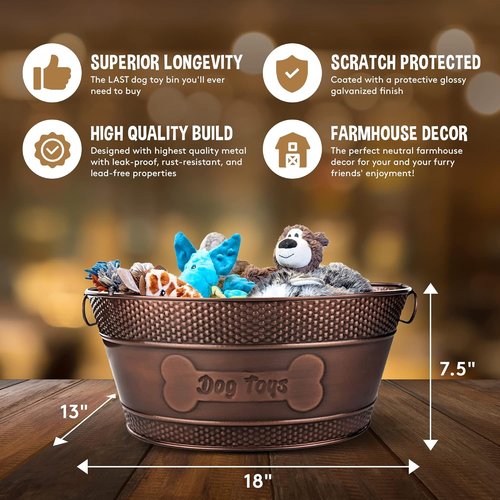 BREKX Indestructible Metal Dog Toy Bin - Copper Galvanized Storage Bin with Handles, Pet Storage Organizer - Ropes, Blankets, & Leashes, Bone Design Pet Toy Box (15-Quart)