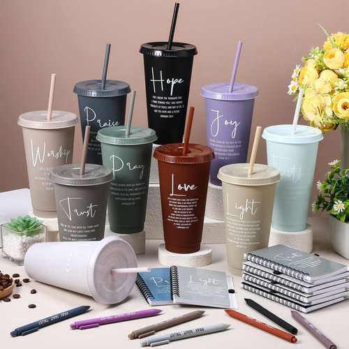 Potchen 90 Pcs Christian Gifts Bulk Bible Verse 24 oz Plastic Cups Spiral Notebooks Ballpoint Pens, Religious Gifts for Women Men Church Prayer (Classic Style)