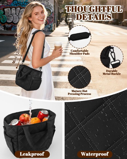 Afuosy Insulated Lunch Box for Women Men, Soft & Puffy Lunch Bag, Large Capacity Leakproof Reusable Tote Cooler Bag with 4 Pockets, Adjustable Strap, Ideal for Work, Outdoors, Picnic, Travel (Black)