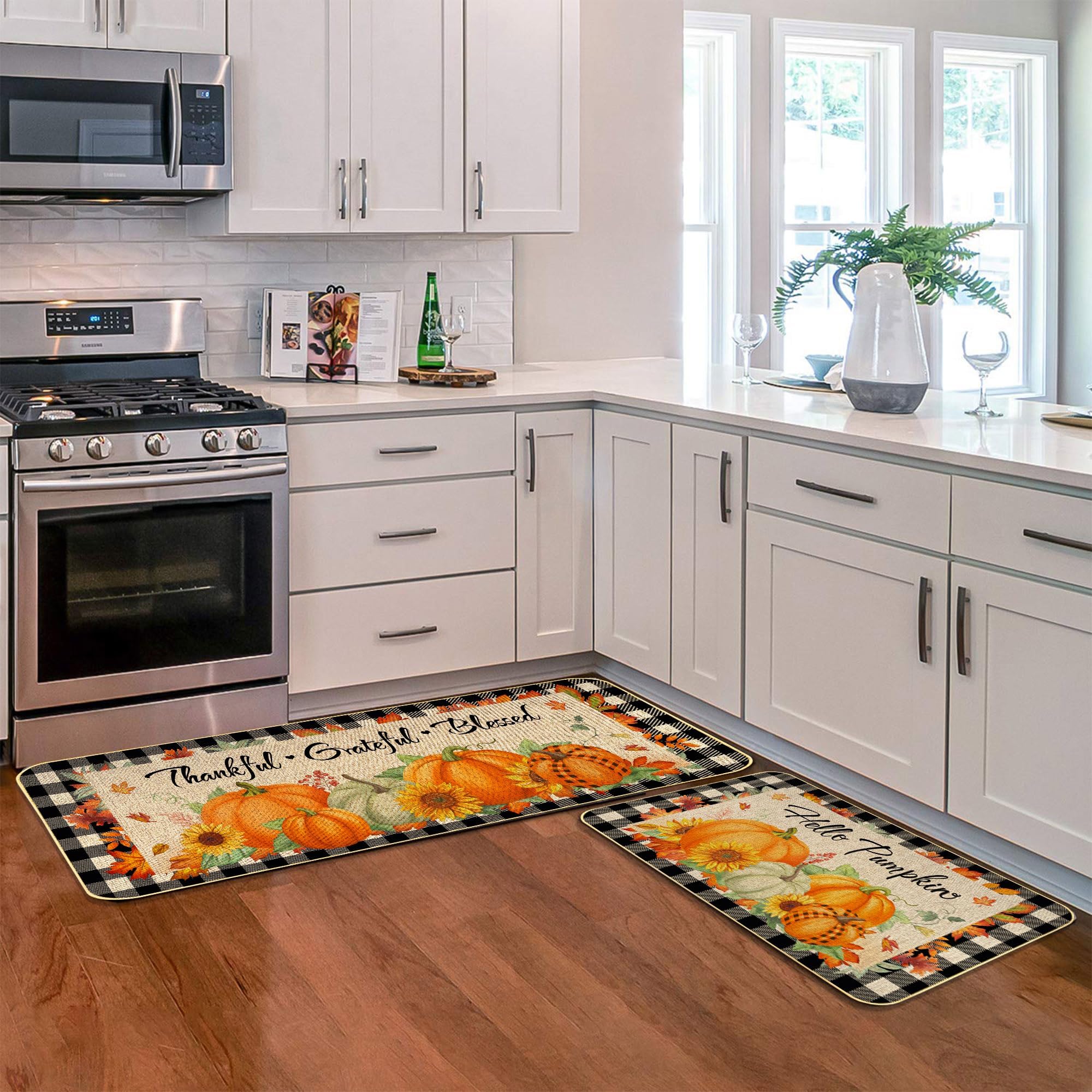 2 Pieces Hello Pumpkin Kitchen Mat Autumn Kitchen Rugs Thanksgiving Decorative Door Mats, Home Seasonal Fall Holiday Party Autumn Maple Leaves Harvest Thankful Grateful Blessed Low-Profile Floor Mat