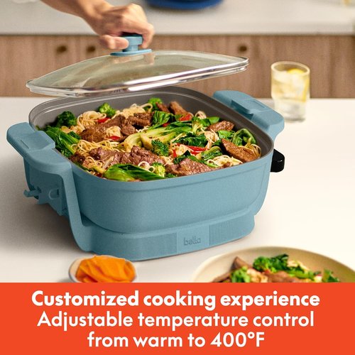 Bella Make & Take Electric Skillet - Adjustable Temperature, Dishwasher-Safe Lid, 1200 Watt, Surf Color
