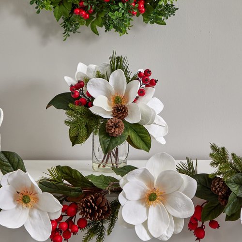 Nearly Natural Magnolia, Pine, and Berry Holiday Arrangement in Glass Vase