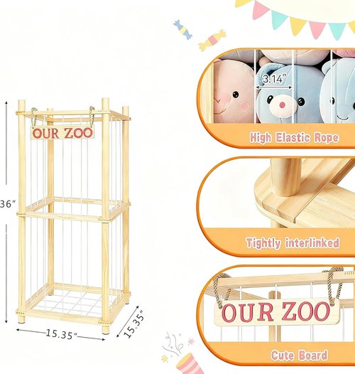 Natural Pine Wood Stuffed Animal Storage by [Brand Name] - Tall Plushie Playhouse with Elastic Cords for Kids' Rooms