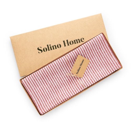 Solino Home Linen Table Runner 156 Inches Long - Narrow Stripe, 100% Pure Linen Red and White Table Runner 14 x 156 Inch for Dining, Mothers Day, Spring, Easter