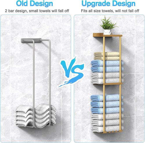 Liuoud Towel Rack - Wall Mounted Vertical Towel Storage Organizer with Shelf | Holds 6 Large Bath Sheets - Gold