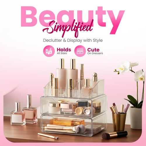 Masirs Clear Acrylic Makeup Organizer with Drawers – Cosmetic Vanity Storage for Skincare, Hair Accessories, Jewelry, Perfume – Durable Countertop Bathroom Organizer