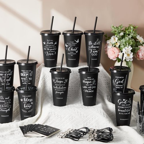 Hollowfly 24 Set / 96 Pcs Christian Church Gifts Plastic Cups with Bible Verse Pens Keychains Notebooks for Women Men Volunteer Christian Party Gifts (Black)