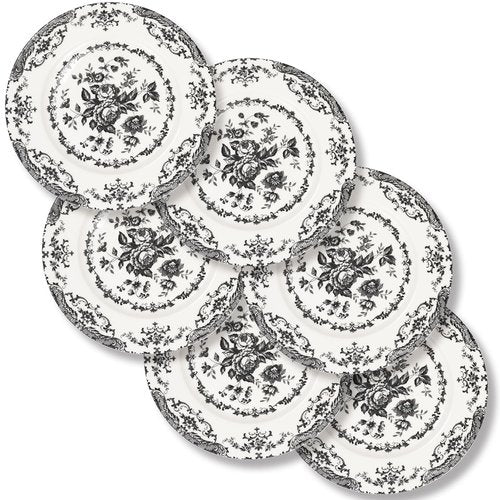 HomeElves Dinner Plates Set of 6, Ceramic Kitchen Plates Microwave Safe Plates, 10.5 Inch Porcelain Dinner Plates Floral, Black
