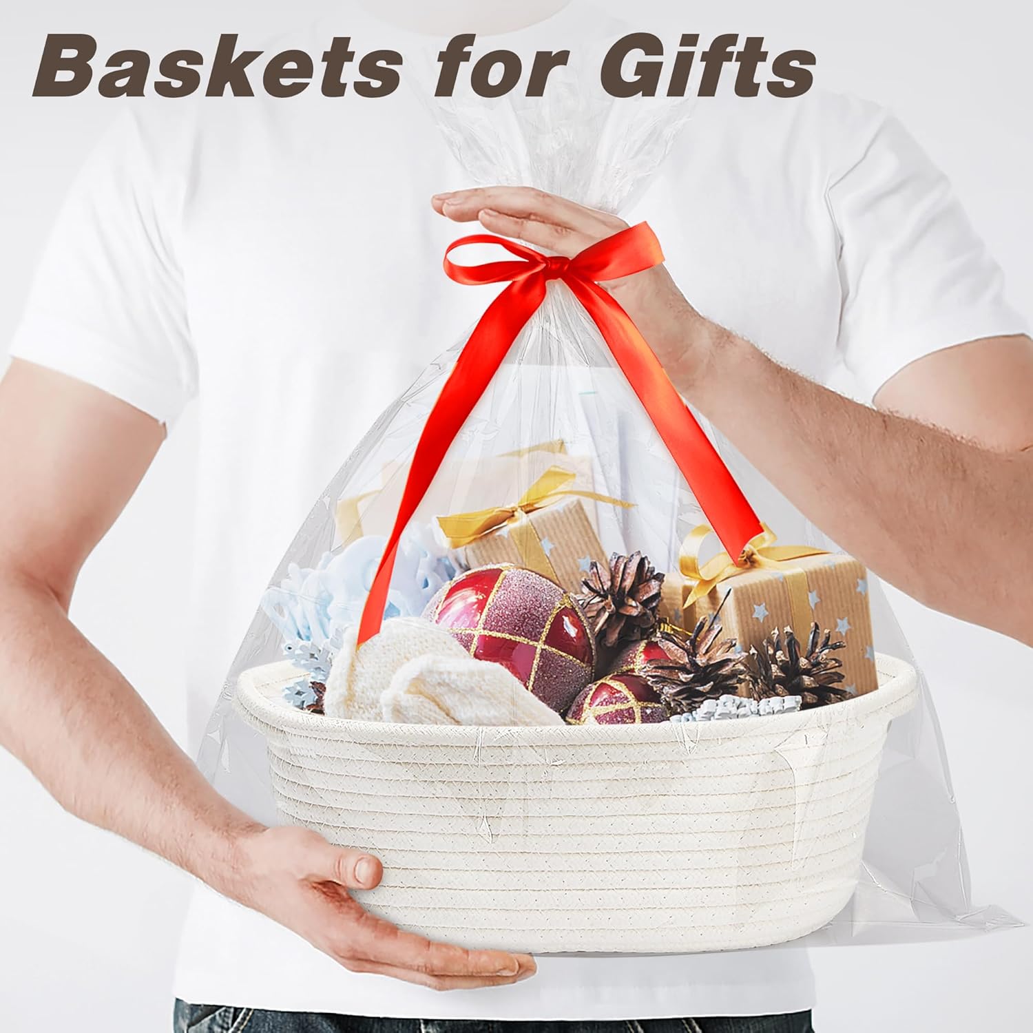Yeeeasy Small Woven Basket - Cute Gift Basket with Ribbons | 12"x8"x5" White Storage for Toys