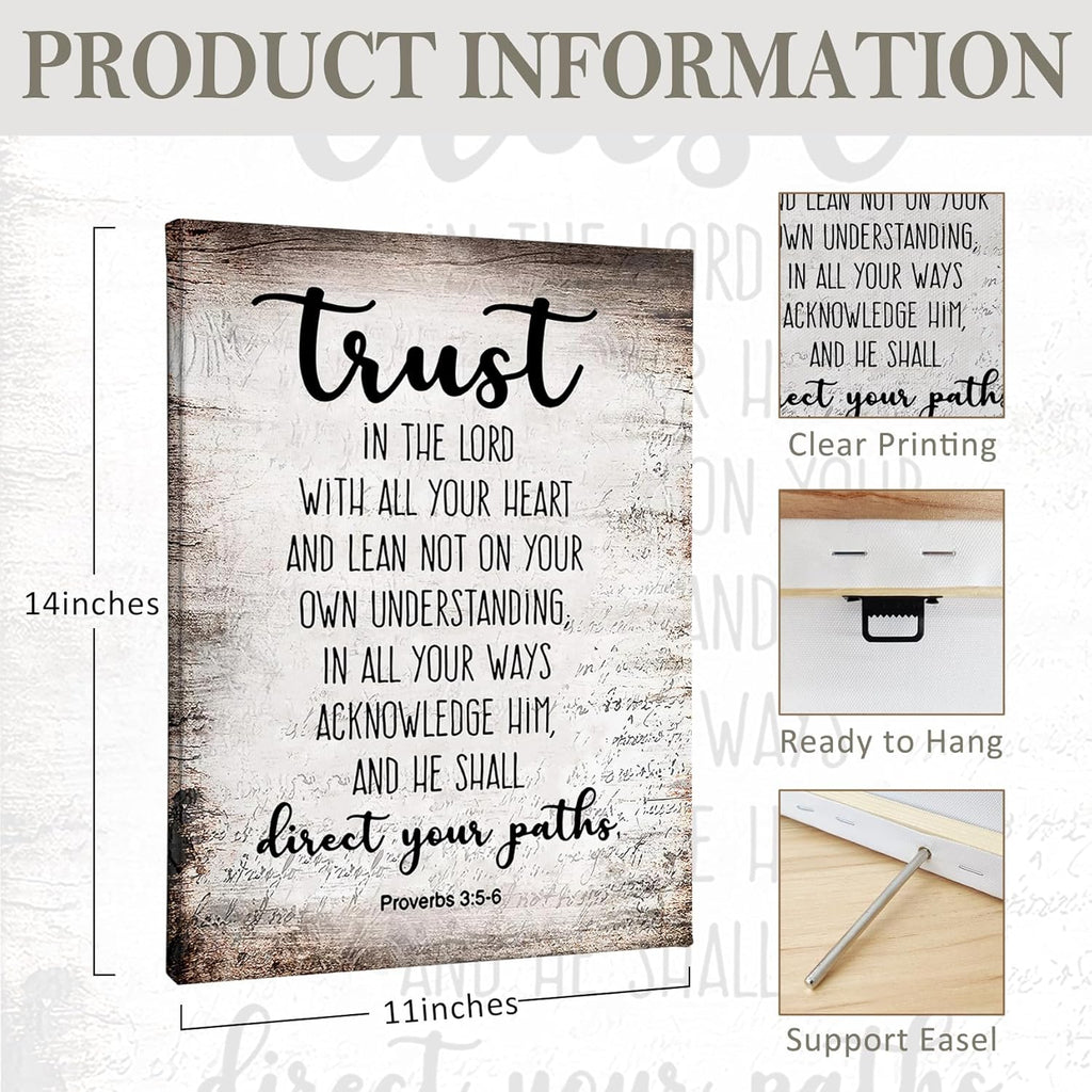 PHAMTE Christian Wall Art - Proverbs 3:5-6 Bible Scripture Print | Framed Canvas Decor (11x14)