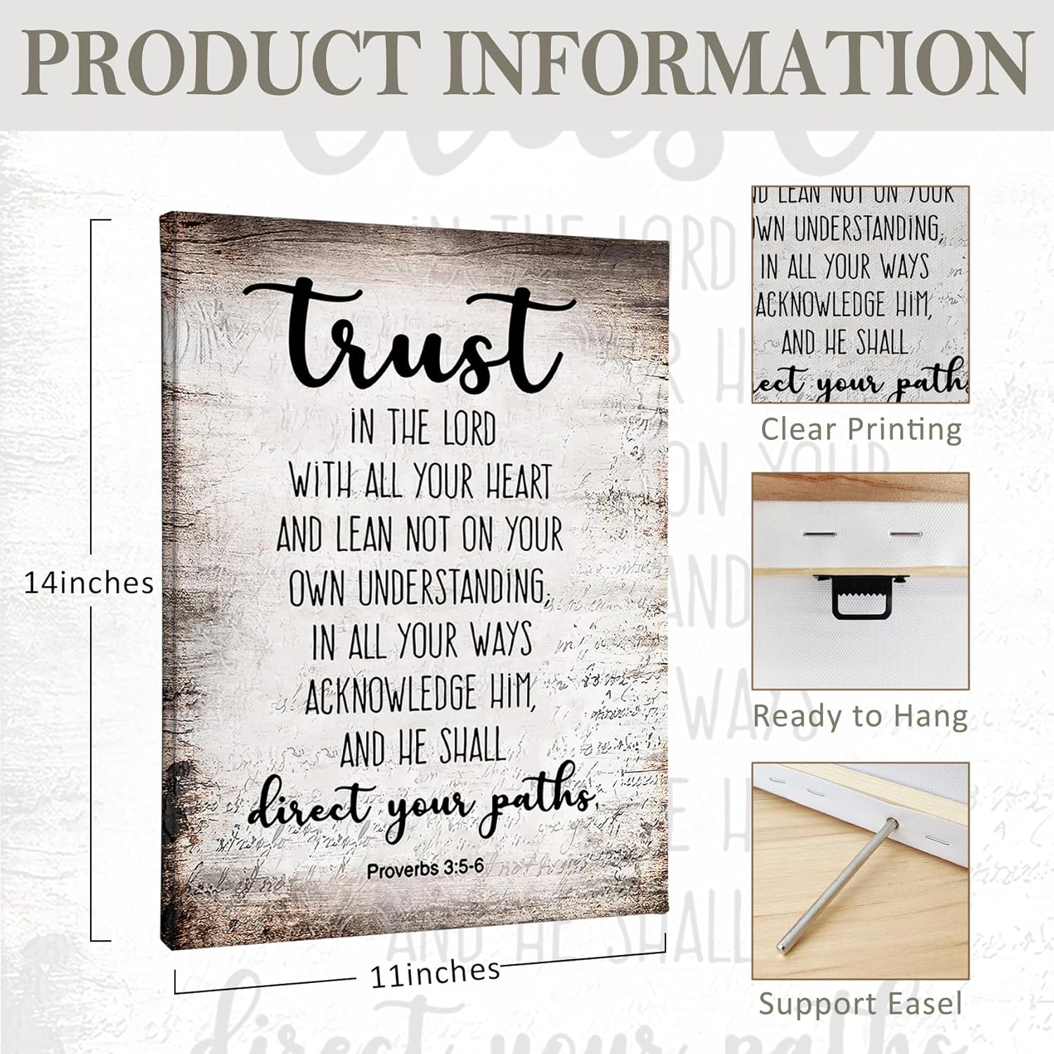 PHAMTE Christian Wall Art - Proverbs 3:5-6 Bible Scripture Print | Framed Canvas Decor (11x14)