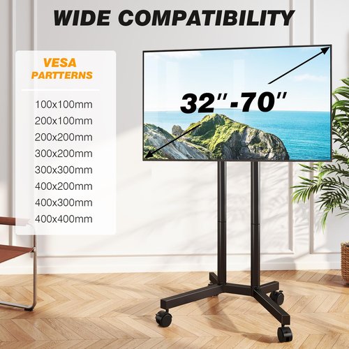 5Rcom Dual-Pole Rolling TV Stand for 32-75 inch LCD LED Flat & Curved TVs, Height Adjustable Portable TV Stand with Lockable Wheels, Mobile TV Cart up to 88lbs for Bedroom, Living Room, Outdoor
