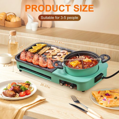 TeqHome Electric Hot Pot with Grill,1600W 3-in-1 Smokeless Raclette Table Grill for Kitchen, Barbecue Shabu Hot Pot with Non-Stick Cooking Removable Plate,Dual Temperature Control & Dishwasher Safe