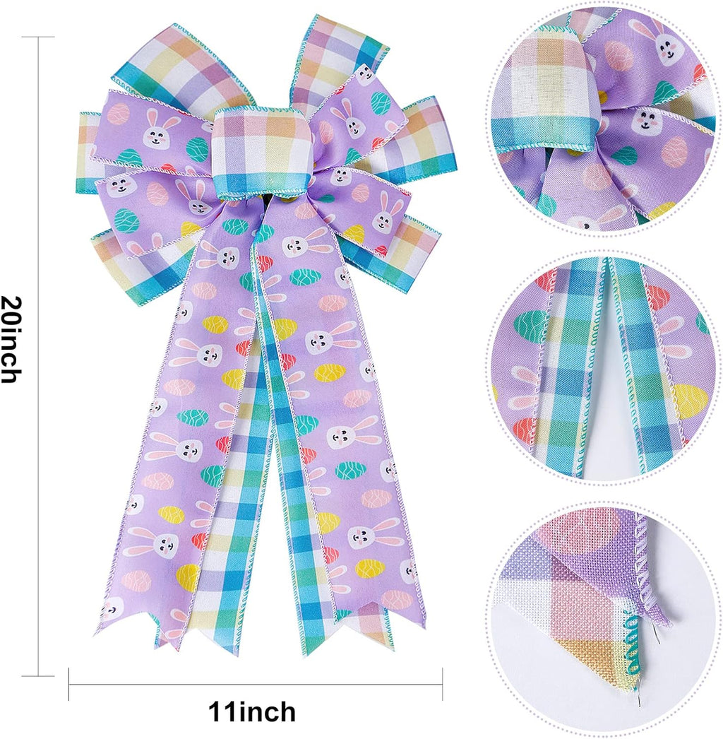 SIMISI Ribbon Easter Wreath Bow - Large Burlap Wired Bow with Bunny Eggs | Perfect for Door & Party Decor (11x17.7 Inch)