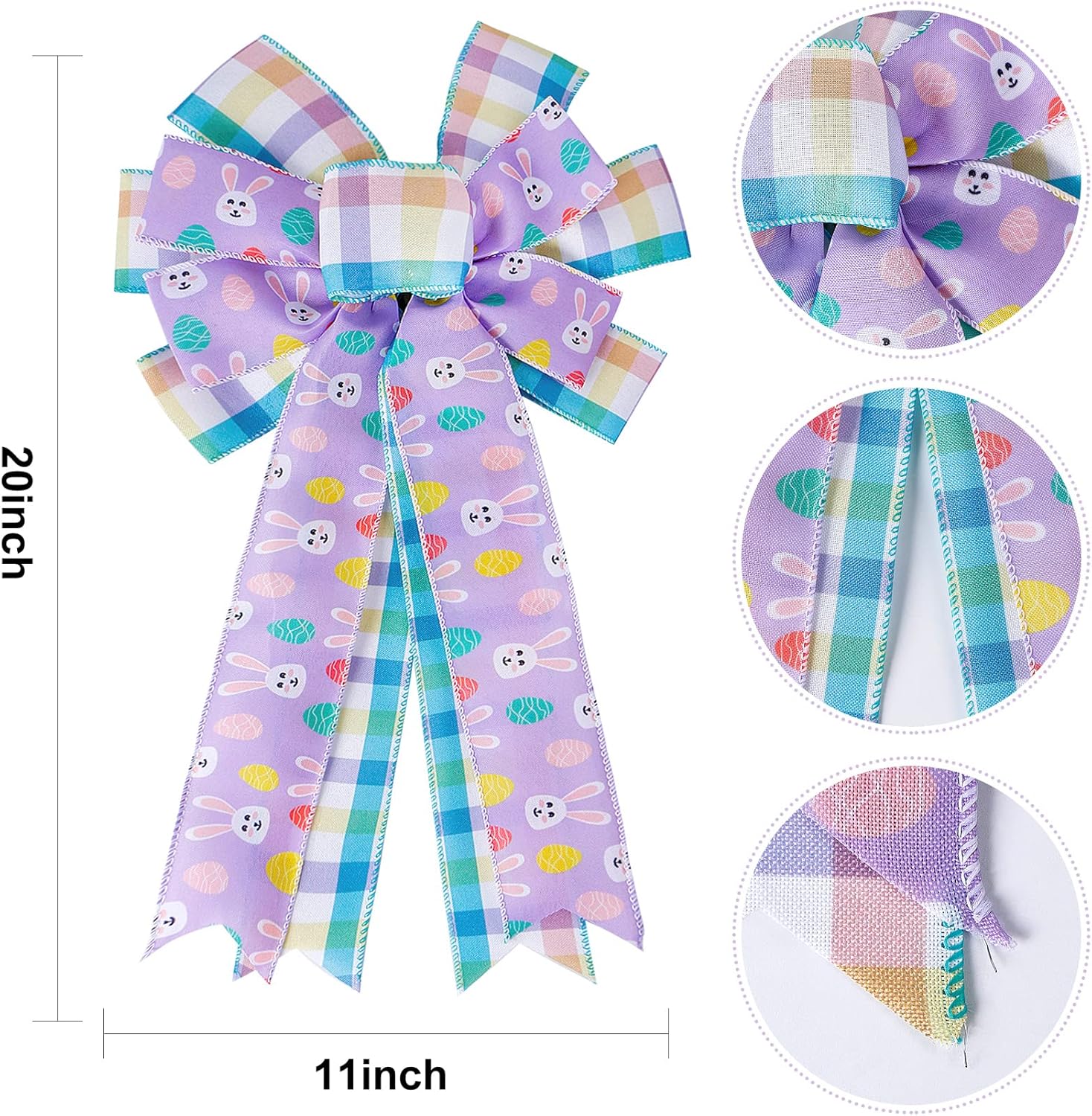 SIMISI Ribbon Easter Wreath Bow - Large Burlap Wired Bow with Bunny Eggs | Perfect for Door & Party Decor (11x17.7 Inch)