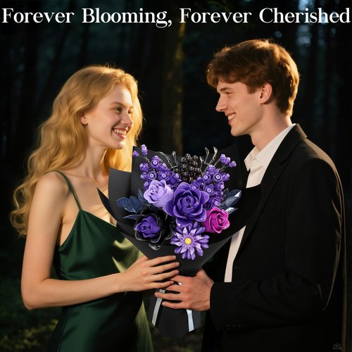 Advent Calendar 2025 for Adults Teens, 12 Purple Rose Flower Bouquet Building Blocks, 24 Days Surprise Christmas Countdown Calendar with 822 PCS Gothic Artificial Flowers Home Decor for Women Men Teen