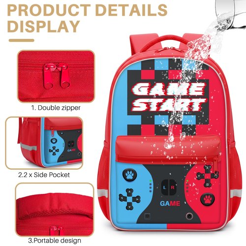 Aogebaby 3-Piece Video Game Backpack Set for Boys Teens - 16.5 Inch Large Bookbag with Insulated Lunch Box & Sturdy Pencil Case, Ideal for Elementary & Middle School, Fits Textbooks