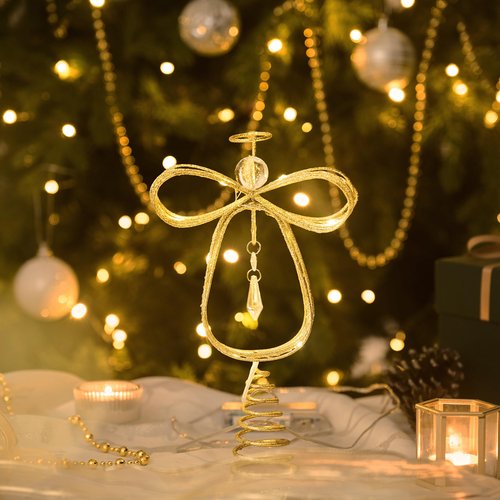 Valery Madelyn Lighted Christmas Tree Topper Angel with Timer, 10 Inch Pre-Lit Gold Metal Small Angel Tree Topper with Lights for Christmas Tree Decoration Indoor, Battery Operated, Valentines Gifts