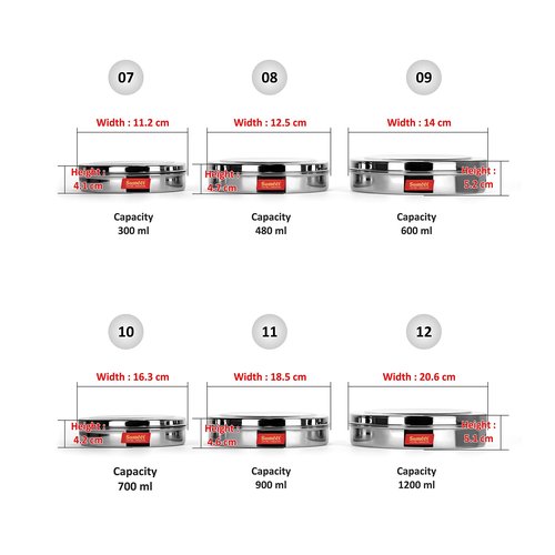 Sumeet Stainless Steel Containers Set- 300ML,480ML, 600ML, 700ML,900ML, 1200ML, 6 Pieces