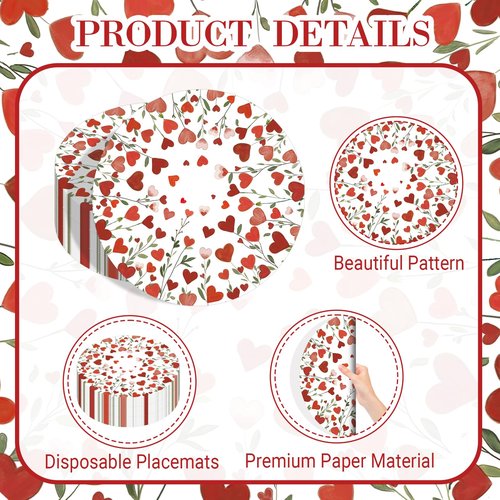 SMUAENSS 50Pcs Valentine's Day Disposable Round Paper Placemats - Red Pink Heart Wreath Design, Valentine's Day Dinner Table Mats Wedding Anniversary Party Table Decor